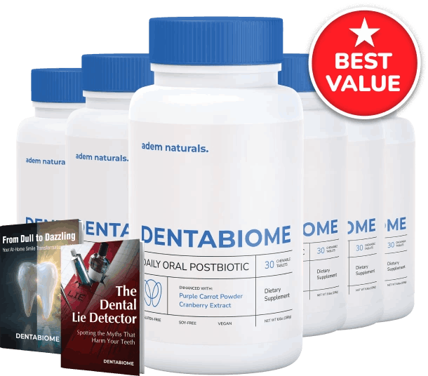 DentaBiome oral postbiotic supplement six-bottle bundle with bonus digital guides and a best value seal.